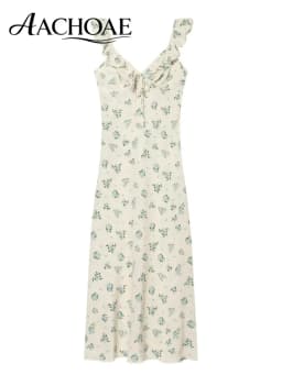 AACHOAE Women Floral Print Maxi Dress Ruffle Strap Sleeveless Summer Dress Vintage Boho Long Dress Elegant Beach Sundress