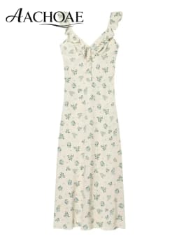 AACHOAE Women Floral Print Maxi Dress Ruffle Strap Sleeveless Summer Dress Vintage Boho Long Dress Elegant Beach Sundress