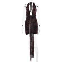 Avrilyaan Leopard Print Halter Pleated Ribbon Dress Women Mini 2025 Summer Dress Deep V Backless Sexy Party Dresses Vestidos