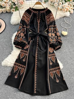 Bohemian Retro Ethnic Style Dress Women's New Spring Autumn Embroidered Lace Up Lantern Sleeves Waist Cinching Long Dress A155