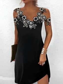 Customizable Casual Summer Women Fashion Solid Color V Neck Off Shoulder Elegant Lace Flower Sleeveless Pullover Party Dresses