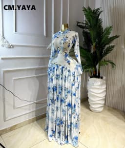 CM.YAYA Women Tie Dye Print O-neck Long Sleeve Pleated Long Dress 2026 Sexy Mesh Evening Party Birthday Vacation Dresses Vestido