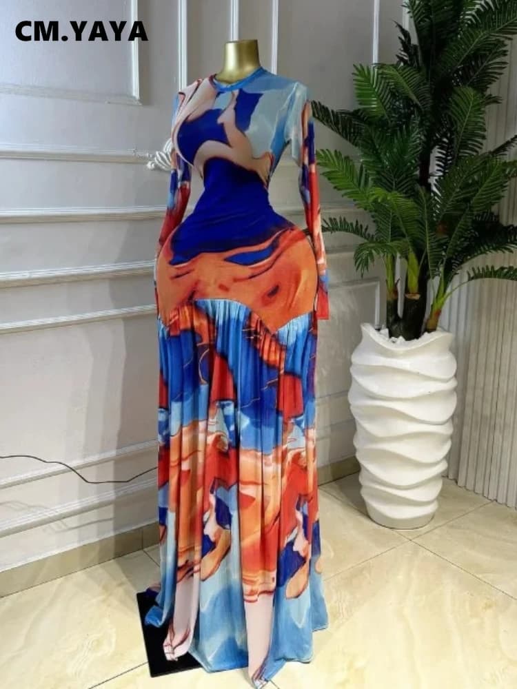 CM.YAYA Women Tie Dye Print O-neck Long Sleeve Pleated Long Dress 2026 Sexy Mesh Evening Party Birthday Vacation Dresses Vestido