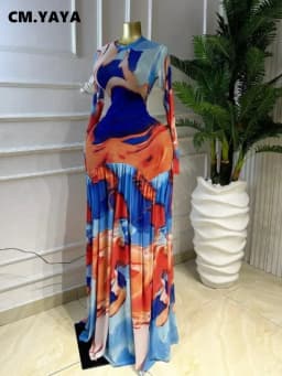 CM.YAYA Women Tie Dye Print O-neck Long Sleeve Pleated Long Dress 2026 Sexy Mesh Evening Party Birthday Vacation Dresses Vestido