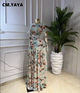 CM.YAYA Women Tie Dye Print O-neck Long Sleeve Pleated Long Dress 2026 Sexy Mesh Evening Party Birthday Vacation Dresses Vestido