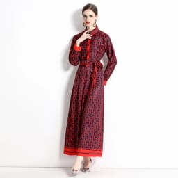 2025 Spring New Silk Satin European and American Fashion Waist slimming Printed Dress with Belt and Knee length Skirt