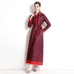 2025 Spring New Silk Satin European and American Fashion Waist slimming Printed Dress with Belt and Knee length Skirt