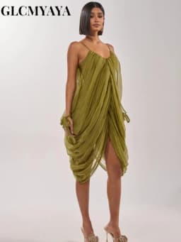 CM.YAYA Women Sheer Mesh Draped Plunging Neck Mini Slip-style Midi Dress 2026 Summer Holiday Birthday Vacation High-low Dresses
