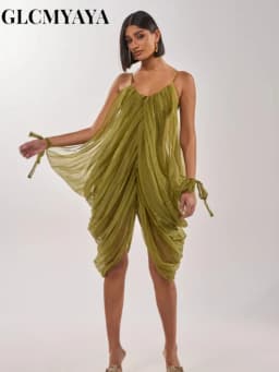 CM.YAYA Women Sheer Mesh Draped Plunging Neck Mini Slip-style Midi Dress 2026 Summer Holiday Birthday Vacation High-low Dresses