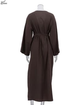 Oymimi Fashion Borwn Cotton Women's Dress Elegant V-Neck Long Sleeve Lace-Up Dresses Casual New Side Slit Ankle-Length Dresses