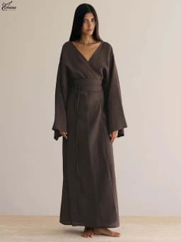 Oymimi Fashion Borwn Cotton Women's Dress Elegant V-Neck Long Sleeve Lace-Up Dresses Casual New Side Slit Ankle-Length Dresses