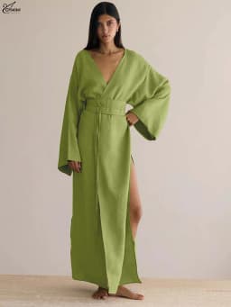 Oymimi Fashion Borwn Cotton Women's Dress Elegant V-Neck Long Sleeve Lace-Up Dresses Casual New Side Slit Ankle-Length Dresses