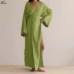 Oymimi Fashion Borwn Cotton Women's Dress Elegant V-Neck Long Sleeve Lace-Up Dresses Casual New Side Slit Ankle-Length Dresses