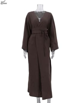 Oymimi Fashion Borwn Cotton Women's Dress Elegant V-Neck Long Sleeve Lace-Up Dresses Casual New Side Slit Ankle-Length Dresses