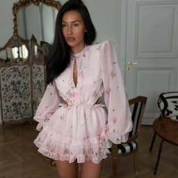 Floral Printed Backless Mini Dress Women Elegant O Neck Long Sleeved Ruffles A-line Dresses Summer Chic Female Holiday Vestido