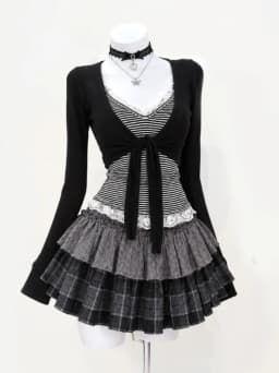Vintage Y2K Two-Piece Outfit Strap Dress Mesh Layered Cami Ruffle Hem Japanese Harajuku Subculture Summer Casual Minidress Set