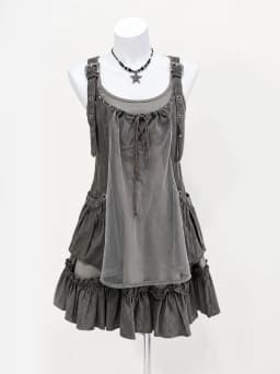 Vintage Y2K Two-Piece Outfit Strap Dress Mesh Layered Cami Ruffle Hem Japanese Harajuku Subculture Summer Casual Minidress Set