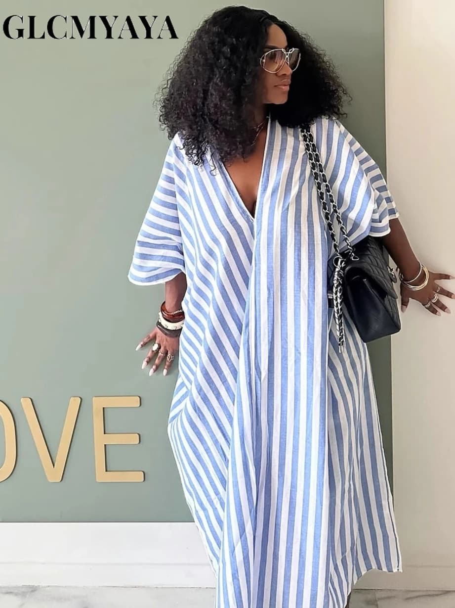 GLCMYAYA 2026 Fall Holiday Half Sleeve Striped Print V-Neck Loose Long Dress Street Africa Women Party Vestidos Dresses Vestidos