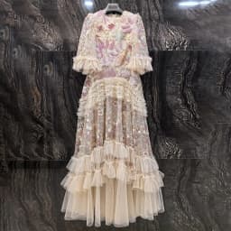 IEQJ Fashion Pink Embroidered Sequins Dress Women's Round Neck Ruffles Half Sleeves Ankle-length Dresses New 3A132