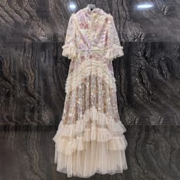 IEQJ Fashion Pink Embroidered Sequins Dress Women's Round Neck Ruffles Half Sleeves Ankle-length Dresses New 3A132