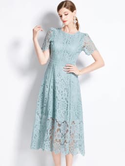 SMTHMA Vintage High-End O-Neck Short Sleeve Lace Hollow Out Dress For Women's Summer Slim Elegant Long Dress Female Clothing