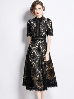 SMTHMA Vintage High-End O-Neck Short Sleeve Lace Hollow Out Dress For Women's Summer Slim Elegant Long Dress Female Clothing