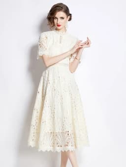 SMTHMA Vintage High-End O-Neck Short Sleeve Lace Hollow Out Dress For Women's Summer Slim Elegant Long Dress Female Clothing