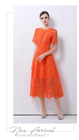 SMTHMA Vintage High-End O-Neck Short Sleeve Lace Hollow Out Dress For Women's Summer Slim Elegant Long Dress Female Clothing