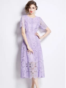 SMTHMA Vintage High-End O-Neck Short Sleeve Lace Hollow Out Dress For Women's Summer Slim Elegant Long Dress Female Clothing