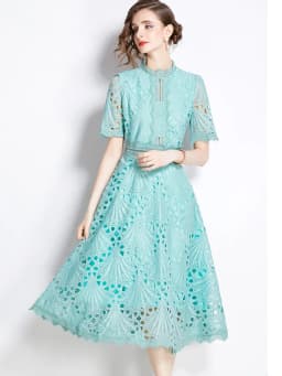 SMTHMA Vintage High-End O-Neck Short Sleeve Lace Hollow Out Dress For Women's Summer Slim Elegant Long Dress Female Clothing