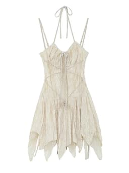 Fashion Irregular V-Neck Women Slim Suspender One-Piece Summer A-Line Tie Up Gothic Y2K Pleated Female Dress Bandage Design Chic