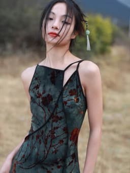 CHEERART Flocking Floral Green Vintage Long Dresses Woman Cheongsam Summer Backless A Line Side Split Midi Slip Dress Designer