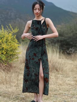 CHEERART Flocking Floral Green Vintage Long Dresses Woman Cheongsam Summer Backless A Line Side Split Midi Slip Dress Designer
