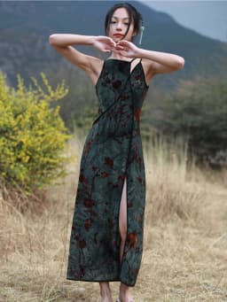 CHEERART Flocking Floral Green Vintage Long Dresses Woman Cheongsam Summer Backless A Line Side Split Midi Slip Dress Designer