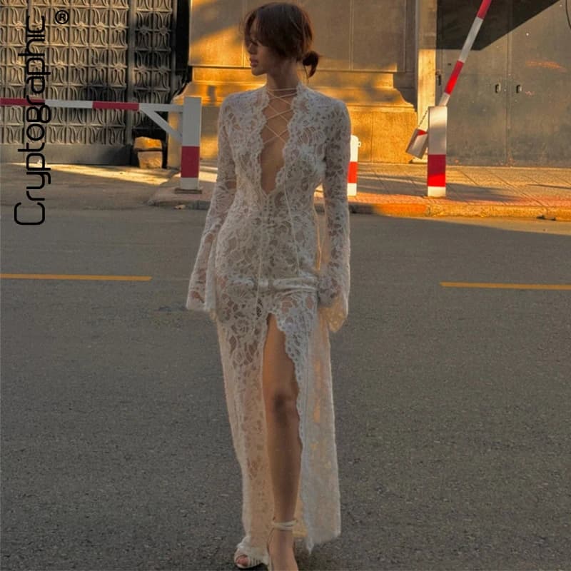 Cryptographic Hollow Out Lace Sheer Draped Maxi Dress for Women Sexy Bandage Lace Up Split Long Sleeve Dresses Coquette Vestido