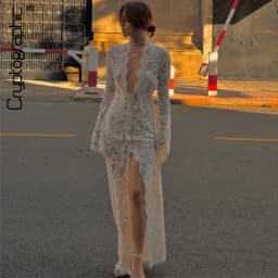 Cryptographic Hollow Out Lace Sheer Draped Maxi Dress for Women Sexy Bandage Lace Up Split Long Sleeve Dresses Coquette Vestido