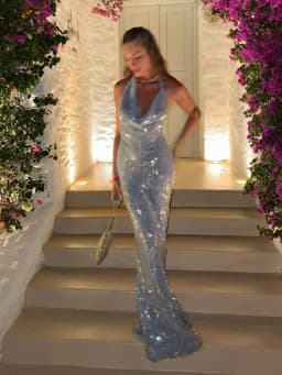 Big Sequin Fish Tail Dress Halter Sexy Glitter Backless Hanging Neck Beach Long Dresses Lace Up Slim Fit Women Robes Summer New