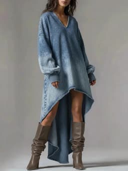 Fashion Casual V Neck Denim Dress Woman Elegant Lantern Sleeve Long Sleeve High Low Irregular Hem Mini Dresses