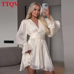 TTQV Sexy Loose Beige Women's Dress 2026 Fashion V-Neck Long Sleeve Mini Dresses Elegant Classic High Waist Pleated Female Dress