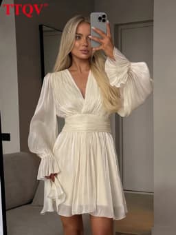 TTQV Sexy Loose Beige Women's Dress 2026 Fashion V-Neck Long Sleeve Mini Dresses Elegant Classic High Waist Pleated Female Dress