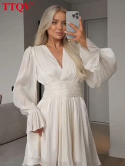 TTQV Sexy Loose Beige Women's Dress 2026 Fashion V-Neck Long Sleeve Mini Dresses Elegant Classic High Waist Pleated Female Dress