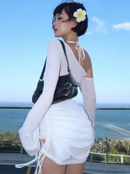 Women's Solid Skew Collar Ruched Straps Lace-Up See through Draw String Mini Dress Summer 2025 Party Clubwear