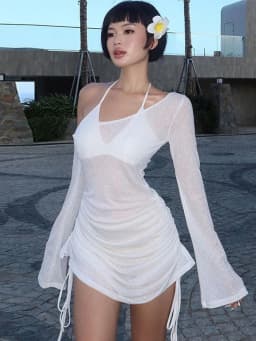 Women's Solid Skew Collar Ruched Straps Lace-Up See through Draw String Mini Dress Summer 2025 Party Clubwear