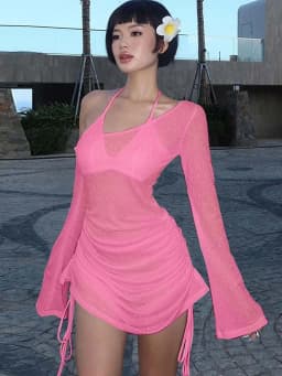 Women's Solid Skew Collar Ruched Straps Lace-Up See through Draw String Mini Dress Summer 2025 Party Clubwear