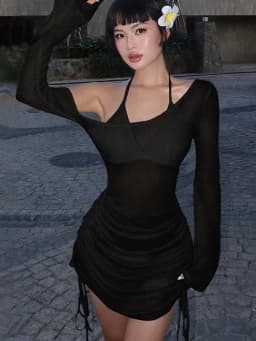 Women's Solid Skew Collar Ruched Straps Lace-Up See through Draw String Mini Dress Summer 2025 Party Clubwear