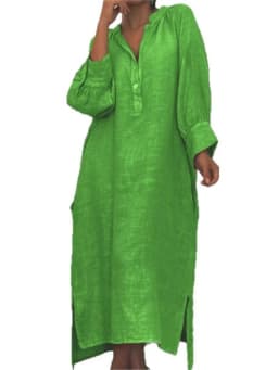 Fashion Cotton Linen Long-sleeved Loose Women's Dresses New Autumn Collection Casual Simple Pocket Elegant Female Slit Dress2025