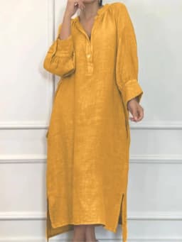 Fashion Cotton Linen Long-sleeved Loose Women's Dresses New Autumn Collection Casual Simple Pocket Elegant Female Slit Dress2025