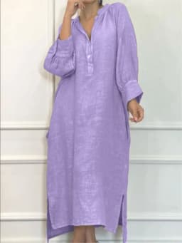 Fashion Cotton Linen Long-sleeved Loose Women's Dresses New Autumn Collection Casual Simple Pocket Elegant Female Slit Dress2025