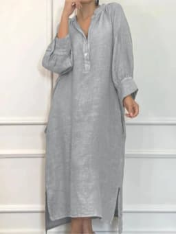 Fashion Cotton Linen Long-sleeved Loose Women's Dresses New Autumn Collection Casual Simple Pocket Elegant Female Slit Dress2025
