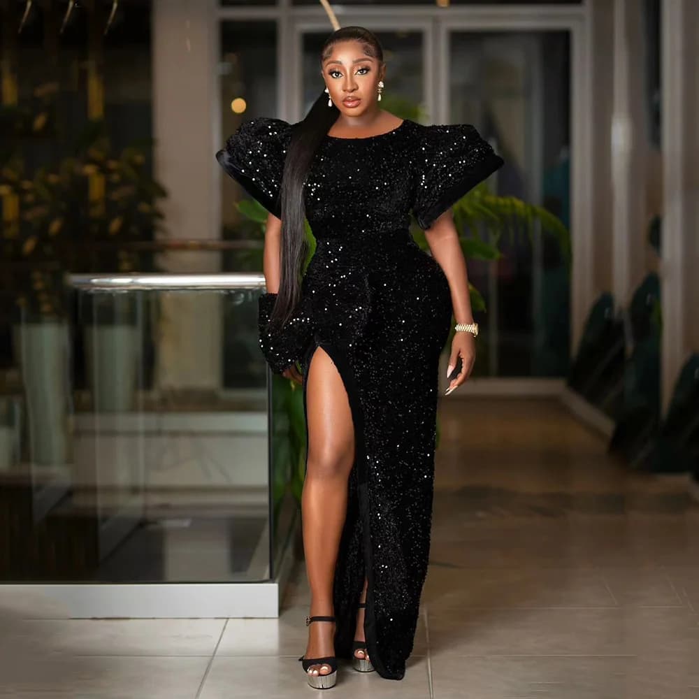 2023 African-American Evening Dress Black Sequin Round Neck Puffed Sleeve High Slit Floor-Length Fishtail Dress